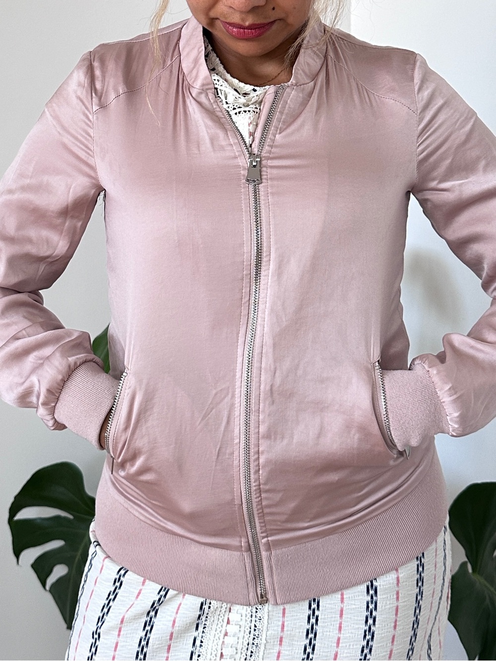 next Pale Pink Satin Bomber Jacket